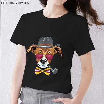Дамски модни облекла, тениски, Ежедневни базова тениска с изображение на кученцето за един господин, Удобен черен топ от полиестер с кръгло деколте