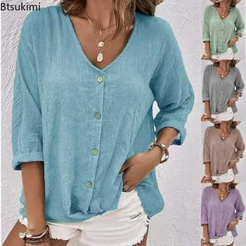 Новост 2023, Женска тениска, Есен-зима, Ежедневни ризи с копчета с V-образно деколте и дълъг ръкав, Дамски модни обикновен дамски блузи оверсайз