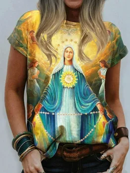 Мъжки и дамски Годишна Ежедневна риза в стил Харадзюку с кръгло деколте и изображение на Дева Мария, Улично Рокля с религиозен модел на Исус, в началото на с 3D Принтом