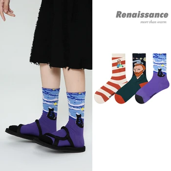 3 чифта/комплект Женски памучни Чорапи в Ренесансов стил, ретро, с маслена живопис, Дамски Чорапи за момичета Нов стил, чорапи със средна тръба, Високо качество