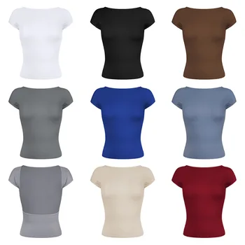 Европейската и американската мода годишна секси найлон влагоотводящая тениска с отворен гръб, удобна, дишаща облегающая тениска с къс ръкав