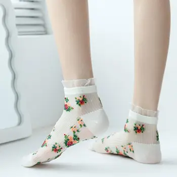 Копринени чорапи с Кристали, Дамски Летни Тънки Прозрачни Чорапи до Глезена С Цветна Бродерия JK, Дантелени Чорапи с рюшами в стил Лолита 