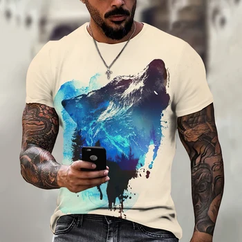 Модерна мъжка тениска с принтом Вълк и лъв, свободни топове с кръгло деколте, Дишаща удобна Лятна ежедневни облекла голям размер