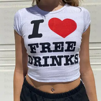 Жена Съкратен топ Y2k I Free drinks С писмото принтом Harajuku, Лятна тениска с къс ръкав, Забавна Кавайная Градинска Дрехи, Съкратен Топ, Детски тениски