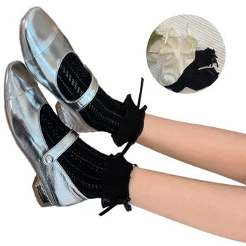 Дамски дантелени чорапи на щиколотке с цветен модел, с къдри, чорапи със средна дължина, къси чорапи, свързани с лък, дишащи