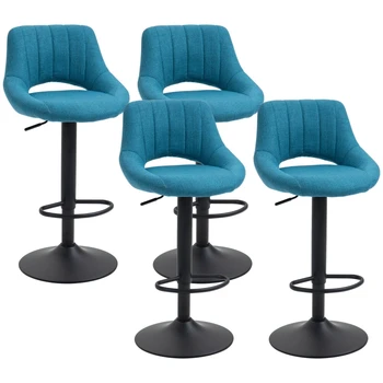 Бар столове от 4ШТ, Въртящи се По височина на Бар столове с регулируема височина, Кръгла тежка метална основа и стойка за краката, синьо/бяло
