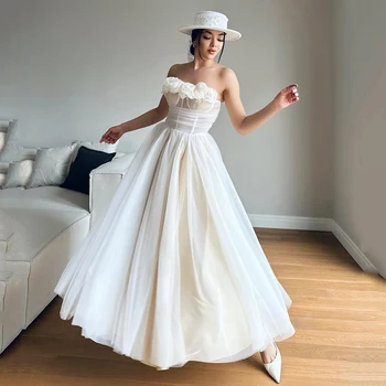Eightree, Елегантни Сватбени рокли Трапецовидна форма 2023, Сватбената рокля без презрамки от Тюл с 3D цветя, Вечерни сватбени рокли Принцеса с Индивидуални размери