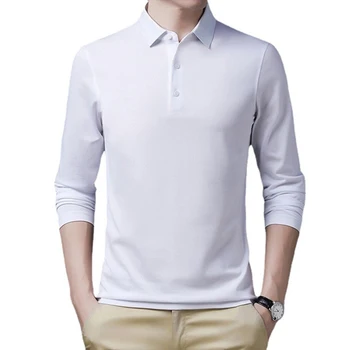 Модерен есенно-пролетно мъжки памучен тениска-поло с дълъг ръкав и яка-часова, однотонная черно-бяла бизнес тениска, младежки тениски, тениски, топ
