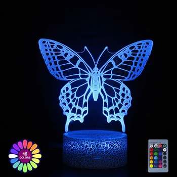 3D иллюзионная лампа с пеперуда, 16 цвята с дистанционно управление, творчески led лека нощ, Украса за дома, Подаръци за приятелката си, Интериор на стаята