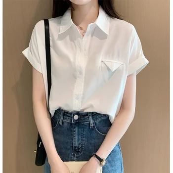 Риза Жените с къс ръкав под формата на листа на лотос, Пролет/Лято 2023, Нова висококачествена риза Свободно намаляване на Професионална бяла риза