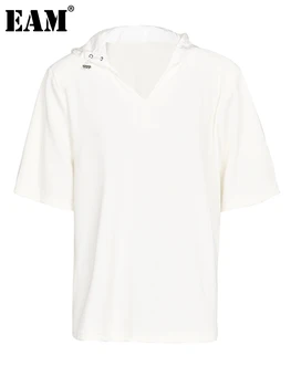 [ИАЛ] Дамски Ежедневни тениска Голям размер с завязками в бяла ивица, Нова мода с качулка и къс ръкав, Пролет-есен 2023, 1DF9283