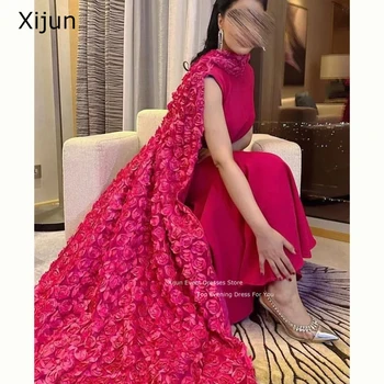 Xijun Сексуално Ярко-Розова Рокля-Наметало с Цветя, Завързана Бродерия и ръкав-Нос за Бала 2023 с Високо Деколте и Риба Опашка Vestidos De Noche