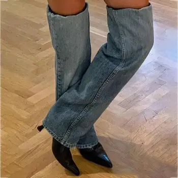 Каубойски ботуши в стил уестърн на тънък ток, с остри пръсти, за жени и ретро-панталони, ботуши до коляното, за жени с остри високи токчета за жени