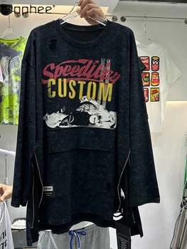 Модна тениска с кръгло деколте и цепка с цип със средна дължина, с флорални принтом 2023, Пролетта и есента Свободен Пуловер, Американският Топ с дълъг ръкав
