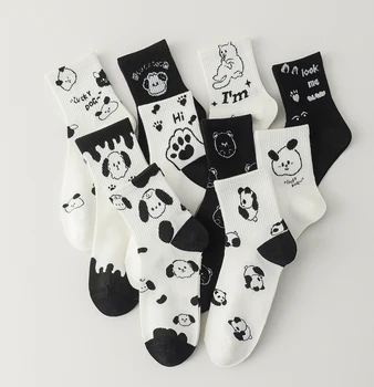 5 Чифта Прекрасни Памучни Чорапи с герои от анимационни филми, за жените, домашни Любимци, Кучета, Котки, Пандите, Черно-бели Чорапи с илюстрации на графити, Студентски чорапи