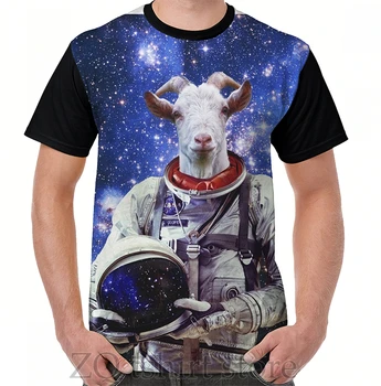 Тениска с образа на козела-астронавти в космоса, мъжки блузи, дамски тениска, мъжки тениски с забавни принтом, кръгло деколте и къс ръкав