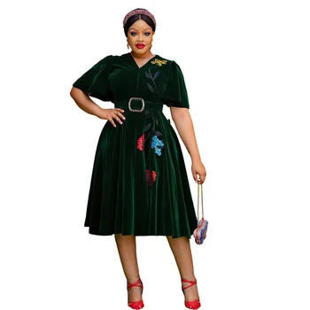 2023, Кадифе африкански рокли за жени, Есен африкански Вечерна рокля в сгъвката с V-образно деколте и къс ръкав, Африкански рокли, Африканска облекло