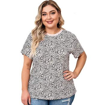 Тениска голям размер с леопардовым принтом, летни дишащи тънки блузи с къс ръкав и кръгло деколте, тениски оверсайз за жени