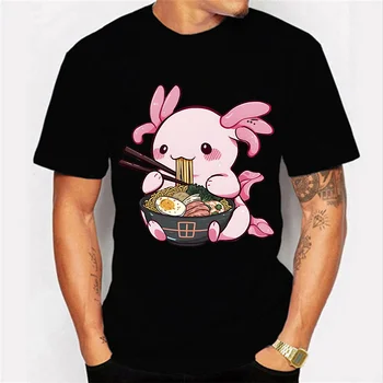 Нова мода мъжка тениска Axolotl Japanese Ramen, Забавна Мъжка тениска Оверсайз, Блузи с къс ръкав, Черна брандираната тениска, Лятна мода риза