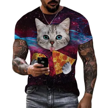 Прекрасен Коте Котка 3D Тениски Пица Забавен Уличен Топ Тениска С къс ръкав Унисекс 2022 Готино животно Котка Тениска на Мъже, Жени Космоса на Галактиката