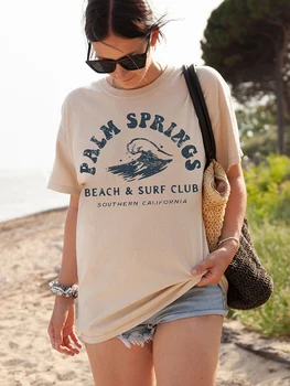 Палм Спрингс, Плажен клуб сърфиране, Дамски памучен тениска с къс ръкав, индивидуалност, Реколта тениска с кръгло деколте, Уличен тенденция, дамски тениски