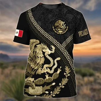 Мъжка тениска с принтом мексиканския флаг, тениска с къс ръкав и 3D принтом орел, тениска оверсайз, ежедневни градинска дрехи с кръгло деколте