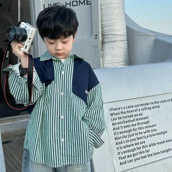 Тениски-опаковки за момчета от чист памук, пролет и есен, Корейската мода, шарени, 2023, Нова детска Свободна риза, Горно палто