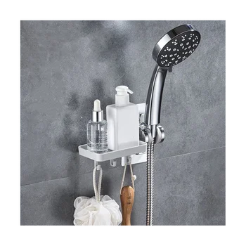 Държач за душ от ABS-пластмаса, Без пробиване Регулируема скоба за стена за душ (държач за душ с рафт за сапун)