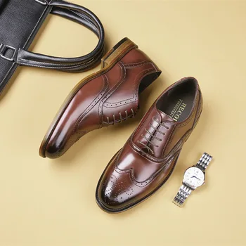 Британски кожени обувки с кръгло бомбе, мъжки издълбани обувки в стил дерби, италиански zapatos ал hombre, мъжки обувки за сватба