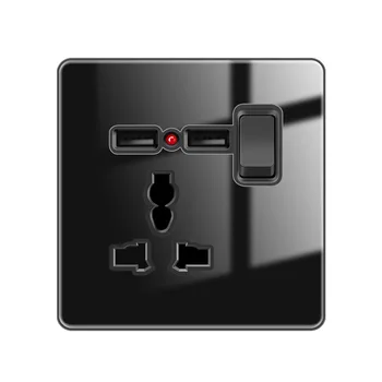 Универсална стенни USB-изход на ЕС от черно стъкло с индикаторна светлина и ключ за multi-power socket13A британската контакт с интерфейс USB