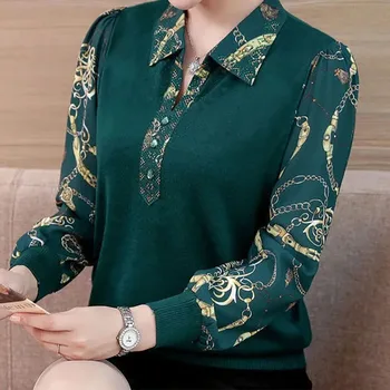 Модни корейски върхове с отложным яка и дълъг ръкав, Дамски ежедневни тениска с принтом за пътуване до работа, пуловери, дамски дрехи Есен-зима