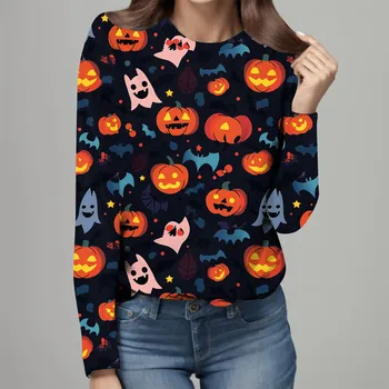 Женска тениска с изображение на тиква, Облекла с щампи на Хелоуин, Тениски с дълъг ръкав, Блузи с кръгло деколте, блуза за дами, есен-Зима