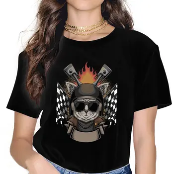 Дамски ризи с мотоциклетным котка, каска, модни готина креативна тениска с изображение, Реколта дамски дрехи Kawaii
