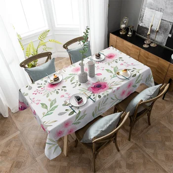 Пролетни Бели покривки с розови цветя за масата за хранене, Водоустойчив Правоъгълна покривка за кухня, хол