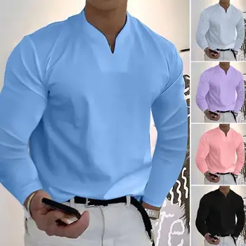 Красива мъжка риза, пуловер с дълъг ръкав, обикновена тениска с V-образно деколте, цветно палто Оверсайз, дрехи за мъже, пролетно-есенни модни върхове