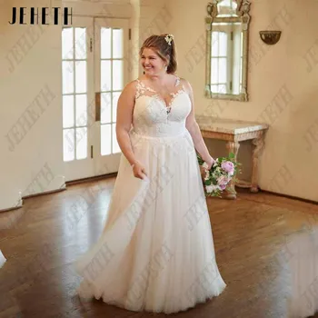 Класическа Сватбена рокля JEHETH размер плюс, без ръкави, с дантелен аппликацией, Шаферски Рокли, Фатиновое Рокля Трапецовидна форма с цип отзад, vestidos de новия