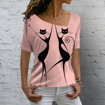 Популярната женска тениска с изображение на котка от аниме, Ежедневни Лятна Тениска с диагонал деколте и къс ръкав, Градинска дрехи, Свободна риза