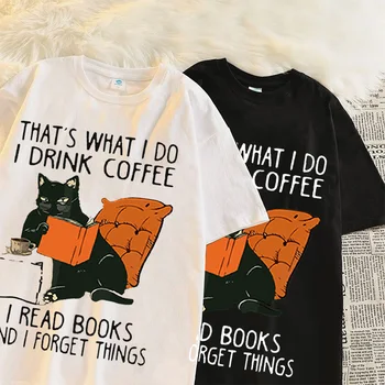 Тениска с сладък котка за жени, Тениски с принтом кафе Котка, Забавни Дизайнерски памучен Удобна тениска, Дамски дрехи