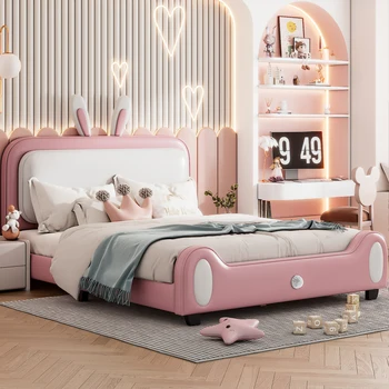 Пълен размер меко легло принцеса във формата на зайче, в пълен размер легло-платформа с таблата и изножьем, за обзавеждане на дневна