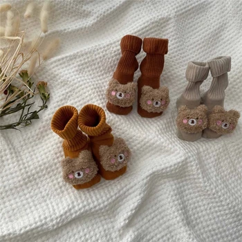 Детски нескользящие чорапи На пода, Меки памучни чорапи с медвежонком, Зимни топли дебели терлици за новородени деца, първото обучение