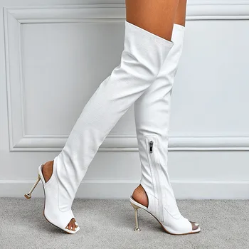 Есенно-зимни Дамски ботуши над коляното от Изкуствена Кожа на Тънък висок ток 11 см с Квадратни пръсти и отворени Пръсти, Модни дамски обувки в Бял Цвят