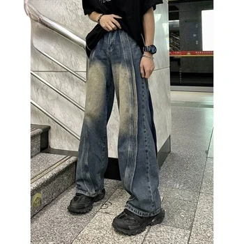 Мъжки Дънки Корейски Студентски Красиви Ежедневни Панталони High Street Преки Свободни Широки Дънкови Реколта Панталони-клеш B25