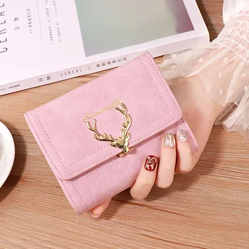 Чантата на жена кратък чантата с глава на елен Qiao, малко прясно студентски портфейл за монети, чанта за карти в една чанта, портмоне за жени