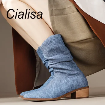 Cialisa/Дамски обувки до средата на прасците, Новост 2023 г., Есенно-зимни обувки с остри пръсти, Ръчно изработени, Модни обувки на тънък средно ток на мълния За една Дама