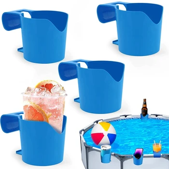 Държач за чаши на басейна от 4 теми за надземен басейн, синя пластмаса за напитки, подходящи за бар на басейна на височина 2 инча или по-малко