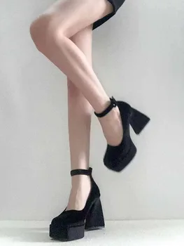 Кадифени обувки Mary Jane в блок обувки, дамски обувки на висок ток, Ново 2023 г., Пролет-лято тънки обувки