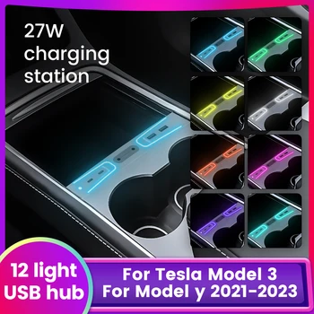 4 USB Шунтирующий Хъб за Tesla, Модел 3 Y 2021 2022 2023 Led докинг станция Централна Конзола автоаксесоари Бленда 27 Вата Бързо Зареждане