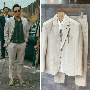 Облекло луксозни ленено сако мъжки костюм 2023 дизайнер на мъжка бяла ленена костюм всекидневни бизнес костюм комплект с високо качество ленено сако