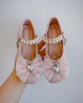 2023 Г. Есен Нова Детски обувки за Малко момиче, Скъпа Обувки Принцеса с лък, Корейската версия, Темпераментен Кожени обувки с пайети За момичета