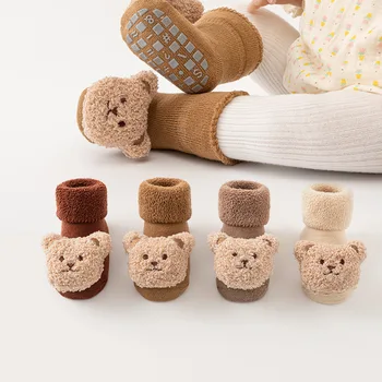 Детски флисовые топли чорапи със собствени мультяшными животни за момчета и момичета, зимни Меки памучни чорапи с мечка на плъзгане подметка за новородени